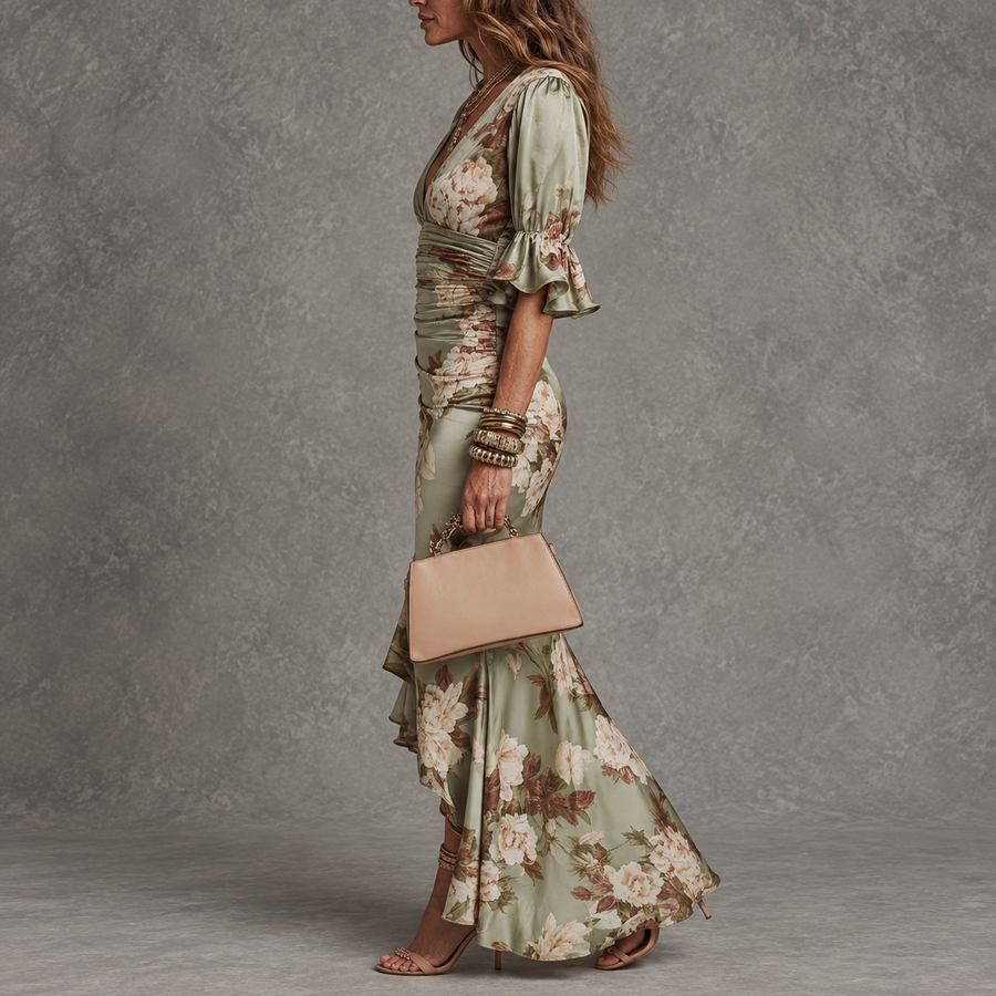 Anastasia | Long Satin Dress with Floral Print