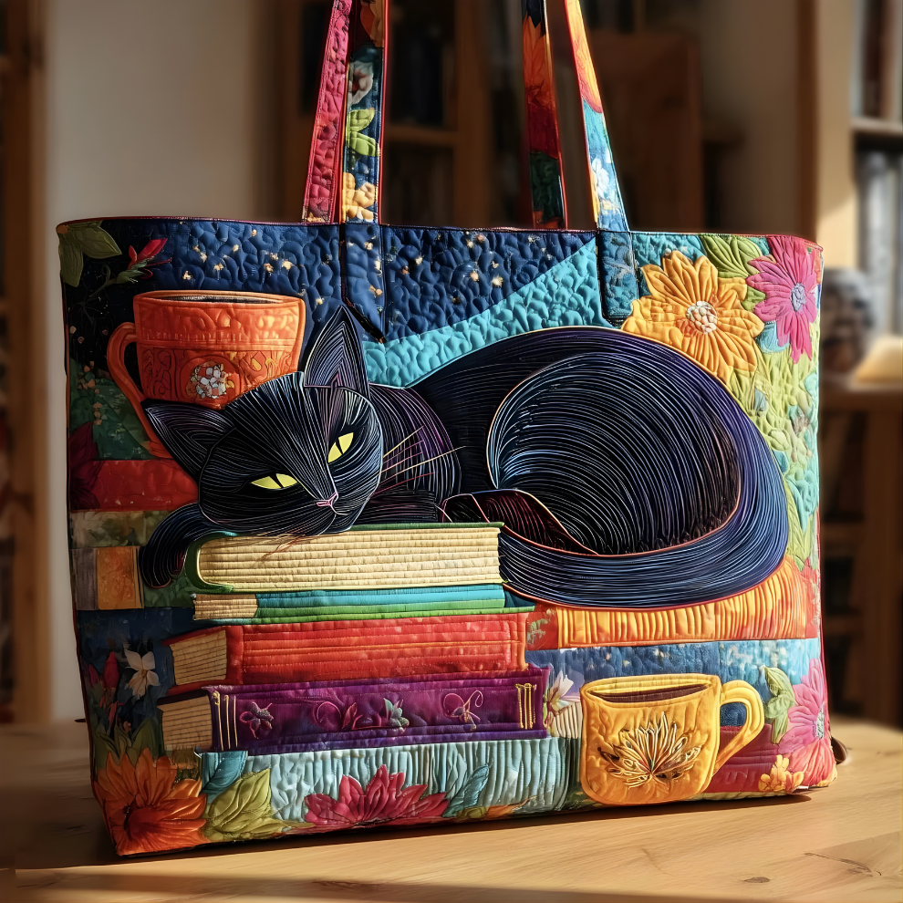 Cozy Black Cat Books & Coffee | Handmade Quilted Tote