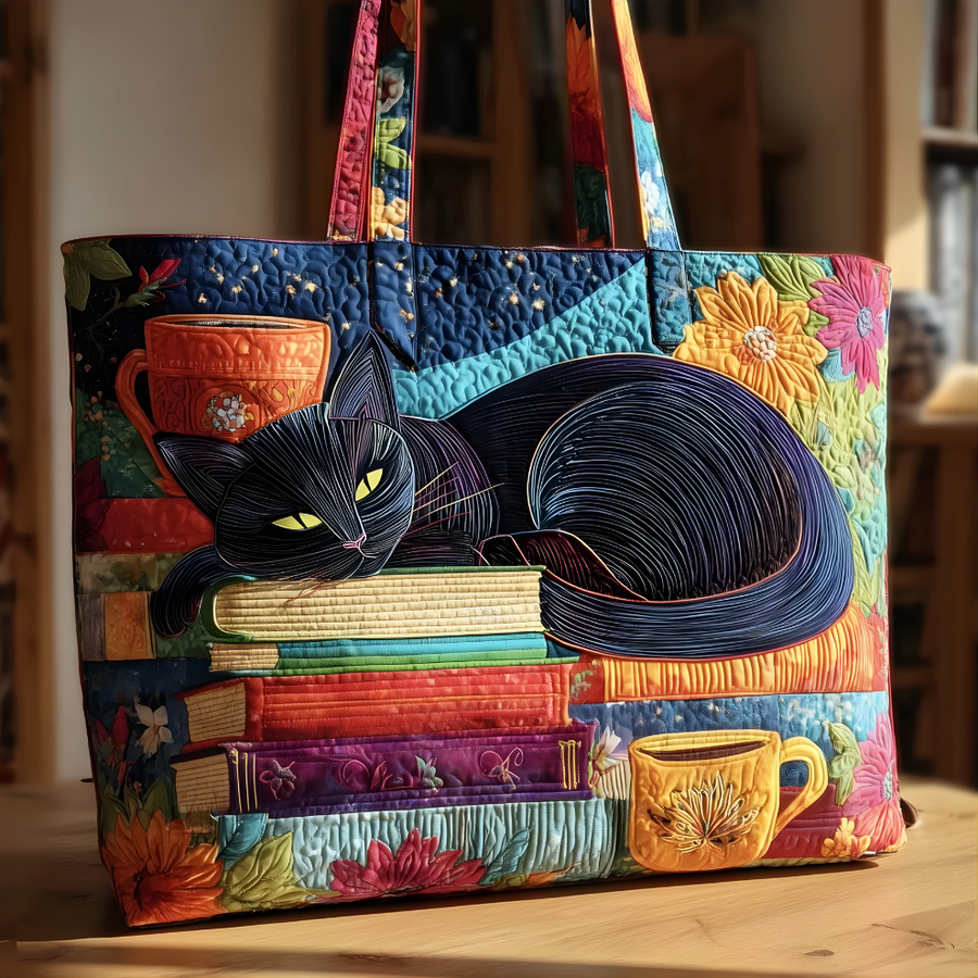 Cozy Black Cat Books & Coffee | Handmade Quilted Tote