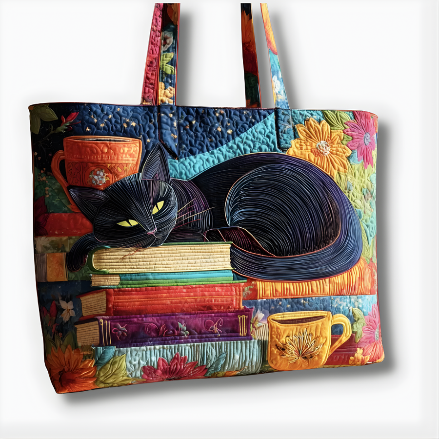 Cozy Black Cat Books & Coffee | Handmade Quilted Tote
