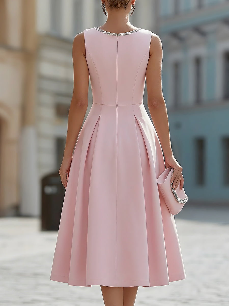 Elegant Sleeveless Rhinestone Neckline Fit & Flare Midi Cocktail Dress