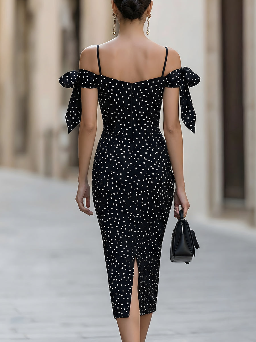 Olka Dot Off-Shoulder Bodycon Midi Dress With Bow Accents