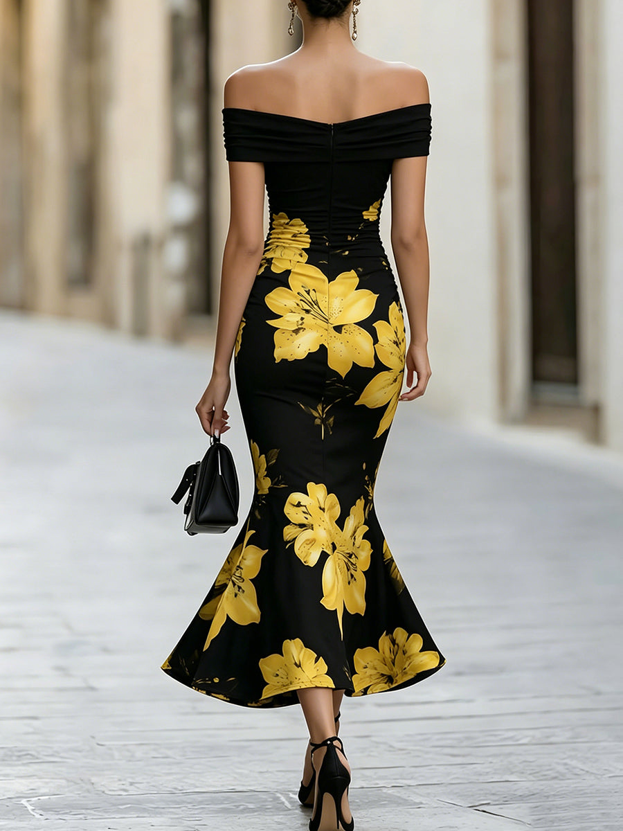 Off-Shoulder Ruched Yellow Lily Floral Mermaid Midi Dress