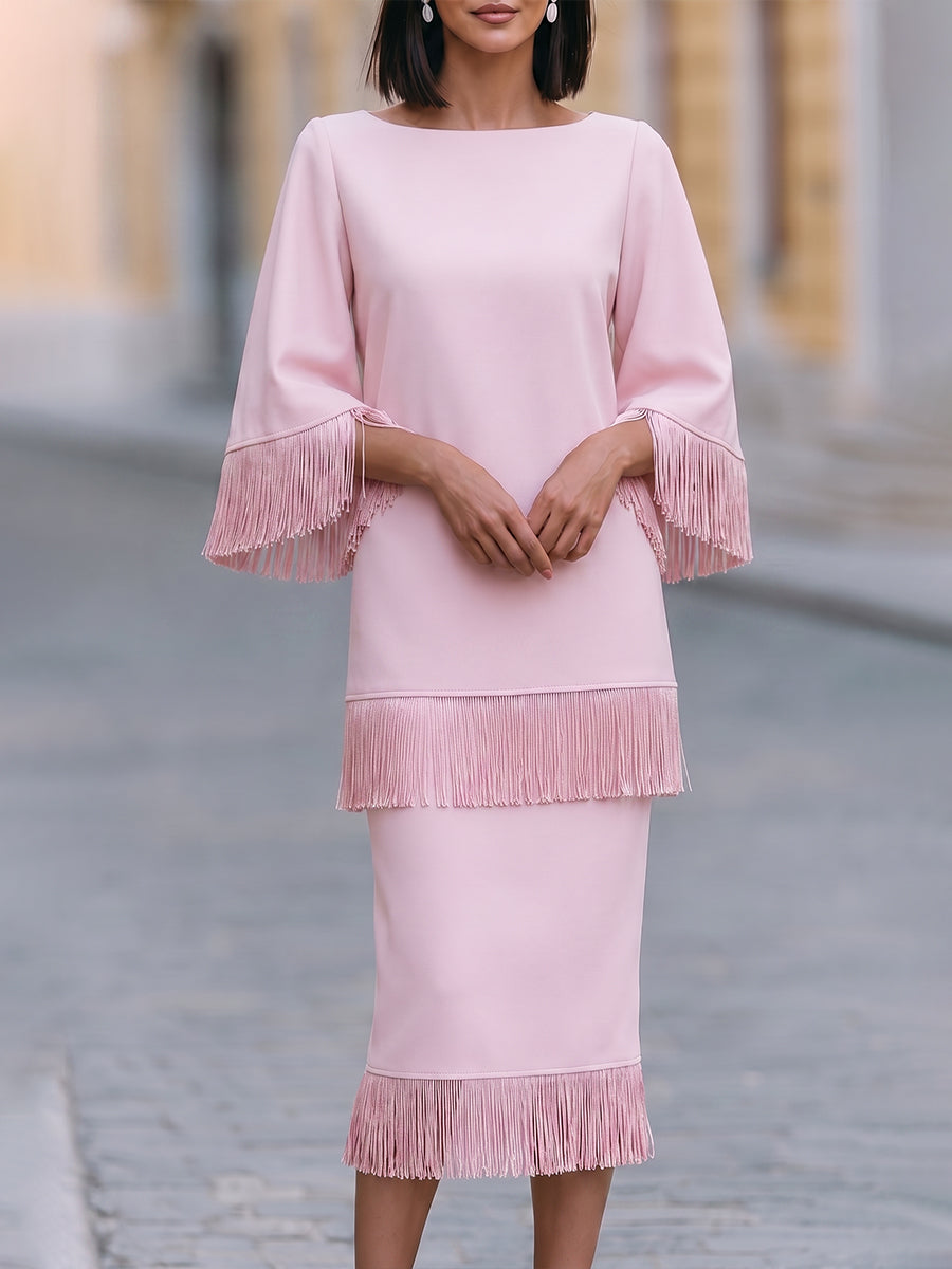 Tassel-Trimmed Layered Midi Dress