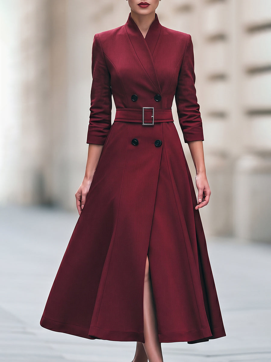 Belted Double-Breasted A-Line Midi Dress