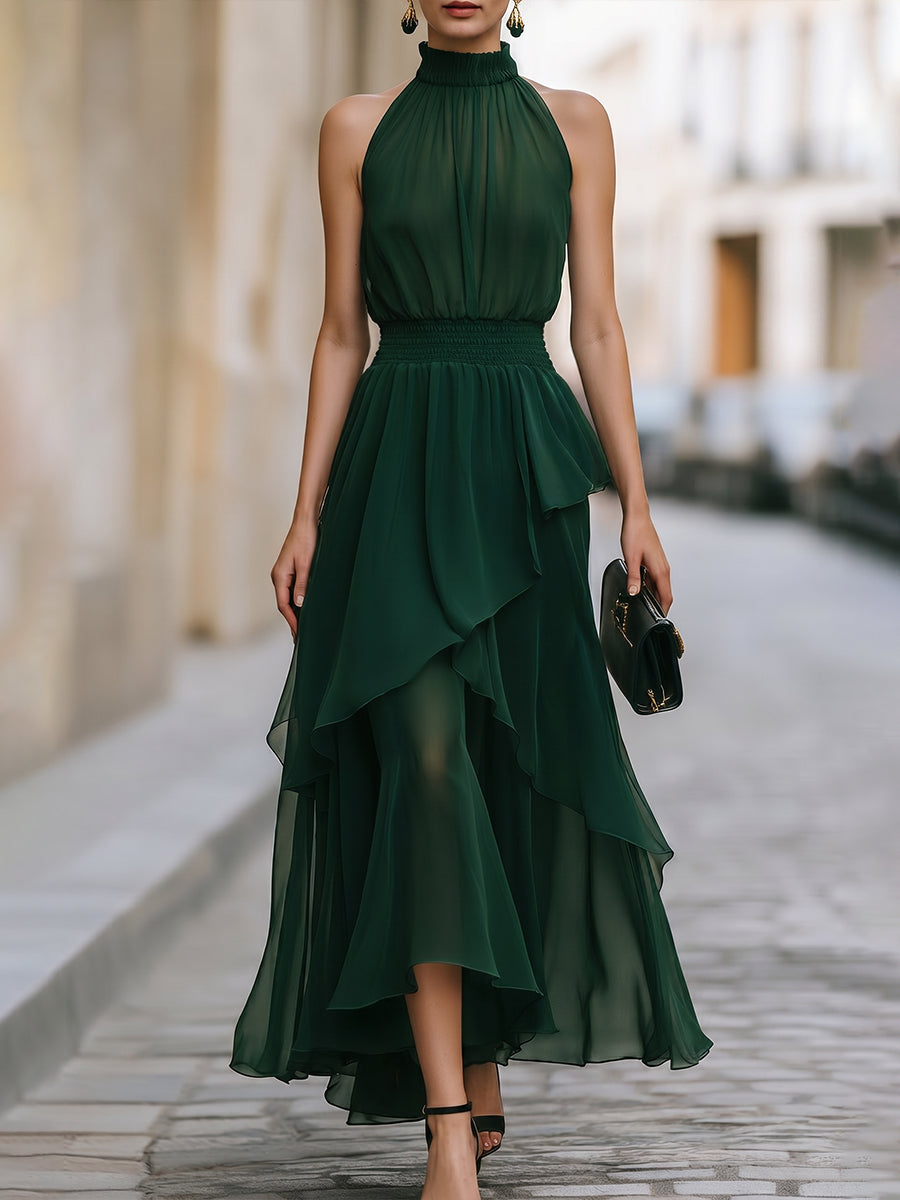 Elegant Halter Neck Layered Chiffon Maxi Dress