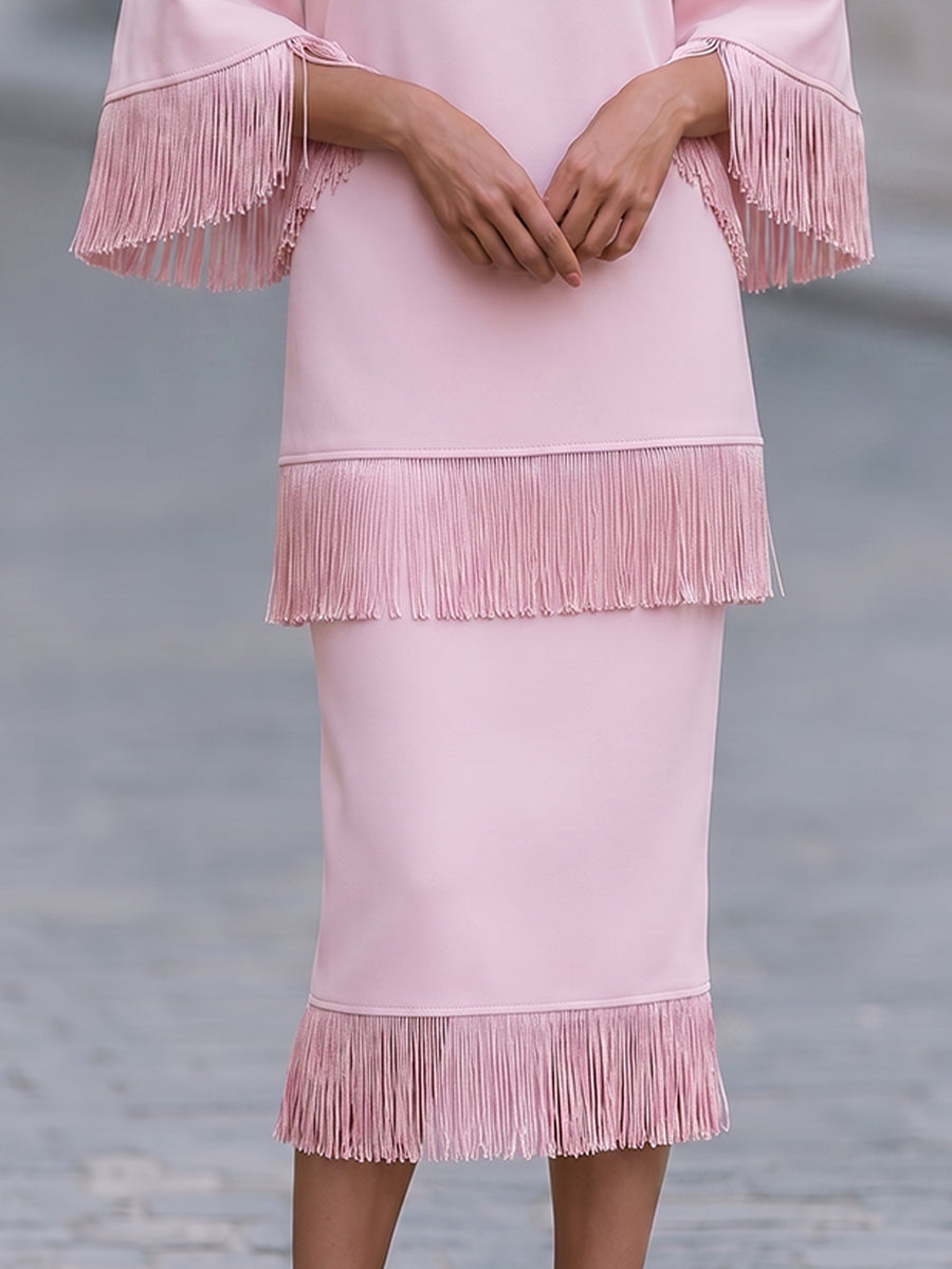 Tassel-Trimmed Layered Midi Dress