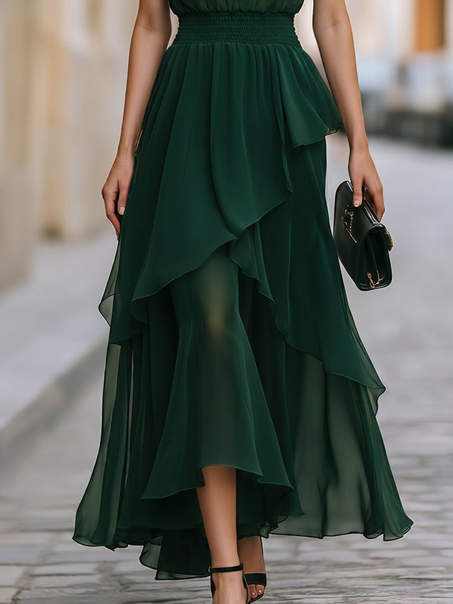 Elegant Halter Neck Layered Chiffon Maxi Dress