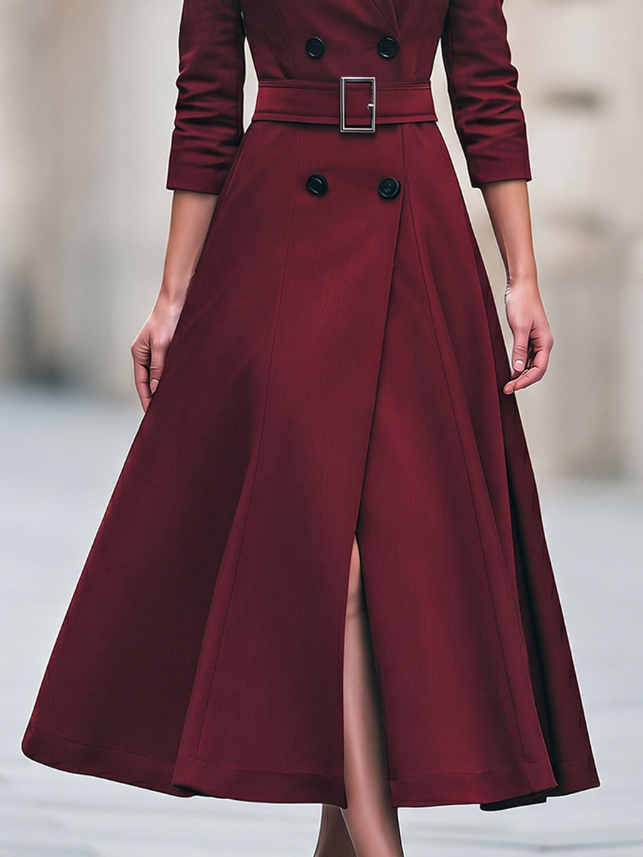 Belted Double-Breasted A-Line Midi Dress