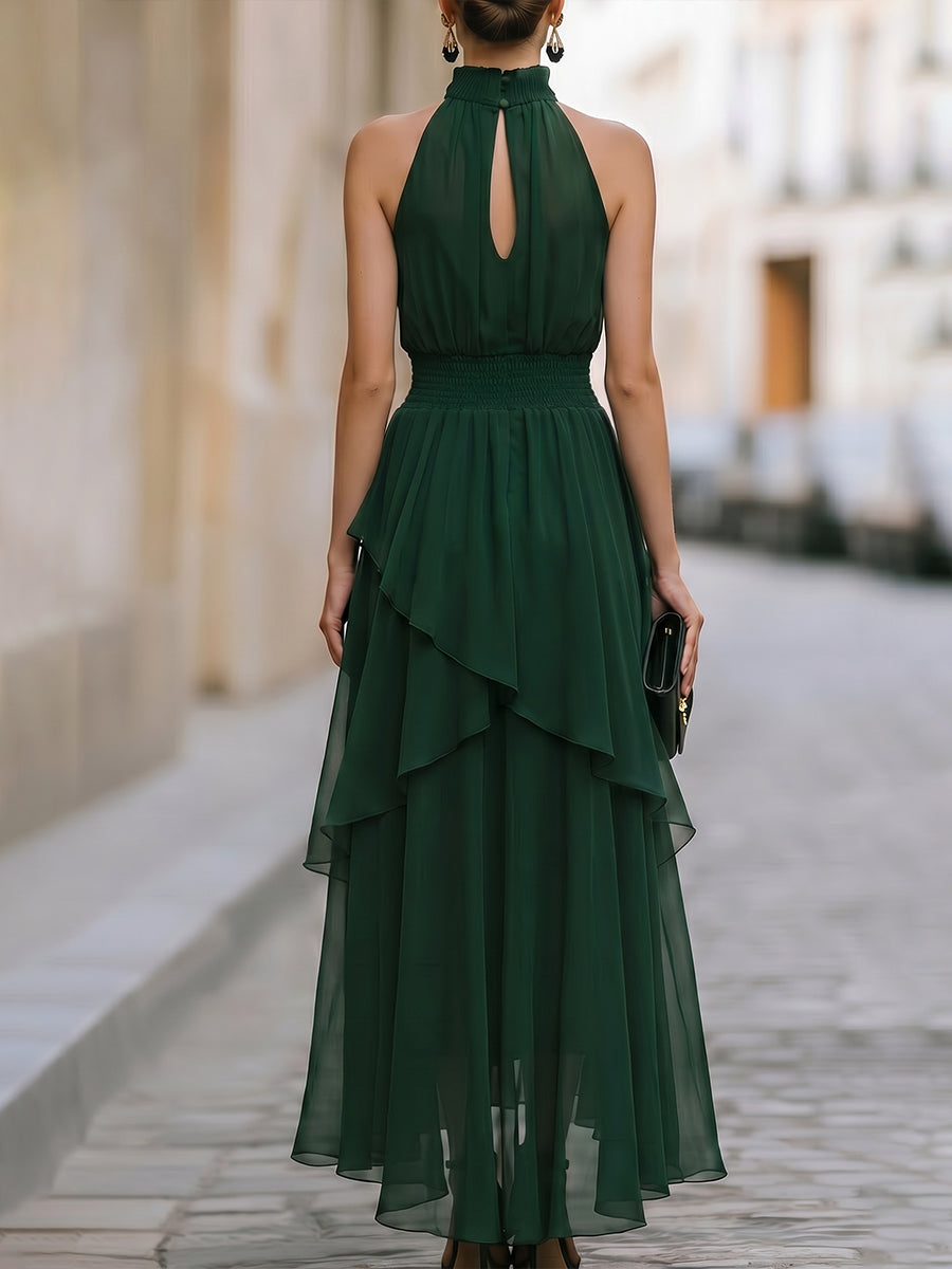 Elegant Halter Neck Layered Chiffon Maxi Dress