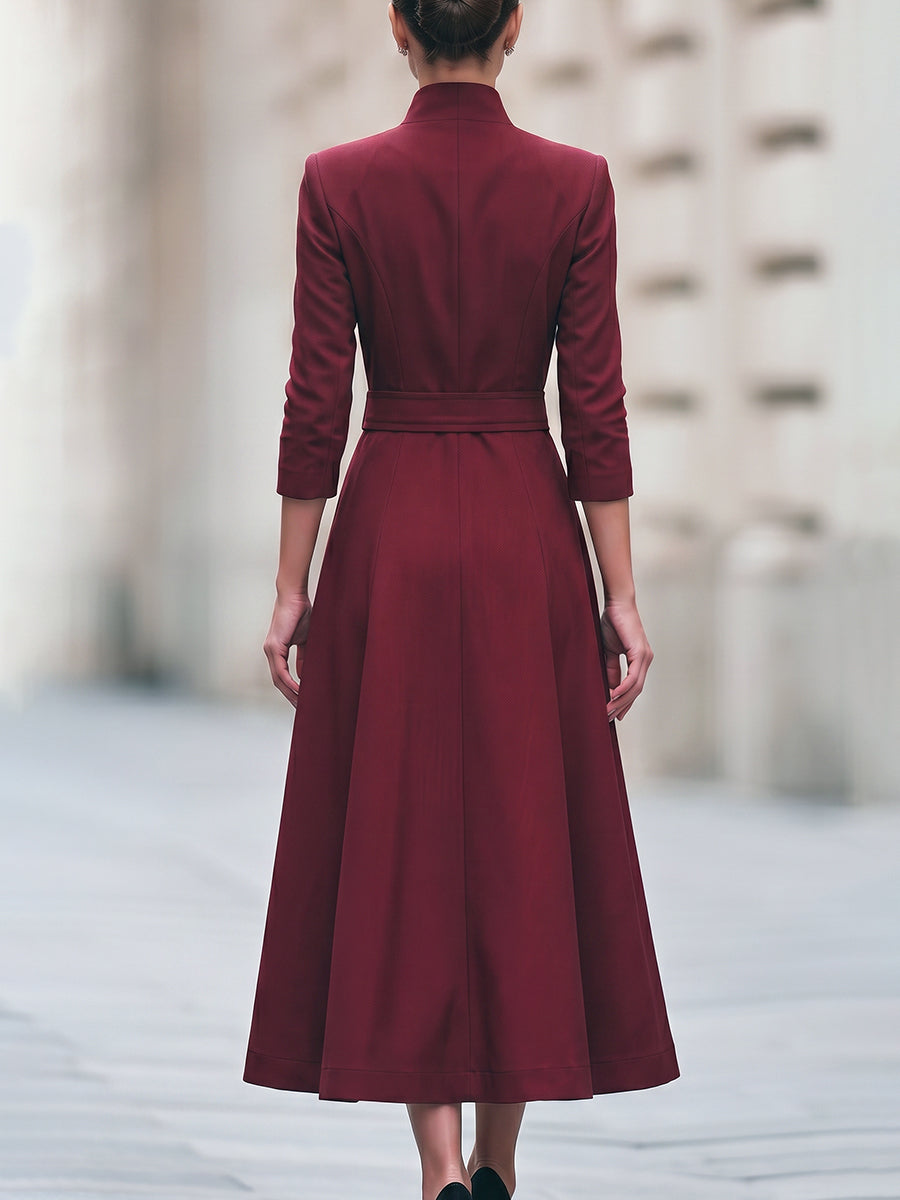 Belted Double-Breasted A-Line Midi Dress