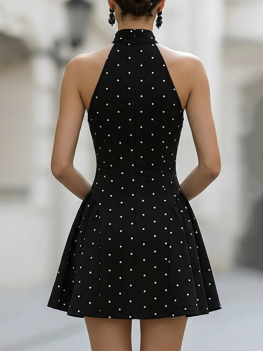Elegant Polka Dot Halter Neck Sleeveless Flared Mini Dress
