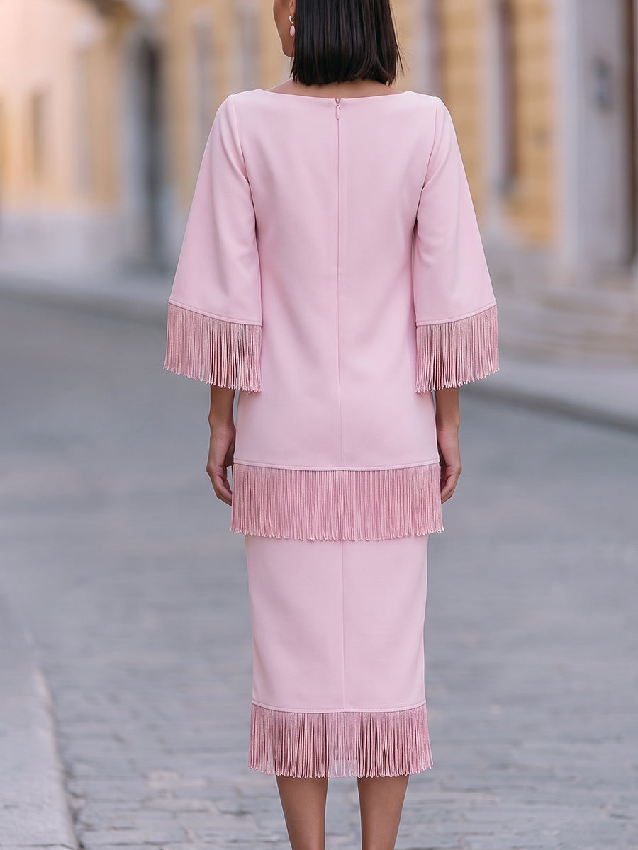 Tassel-Trimmed Layered Midi Dress