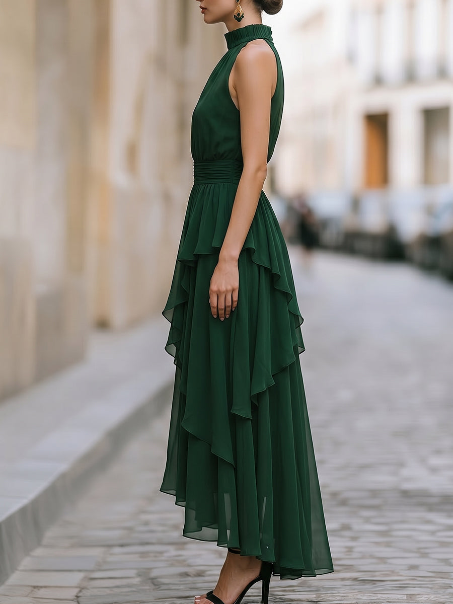 Elegant Halter Neck Layered Chiffon Maxi Dress