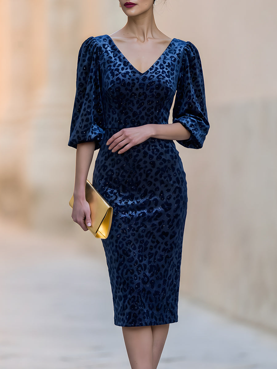 Elegant Velvet Leopard Jacquard Midi Dress