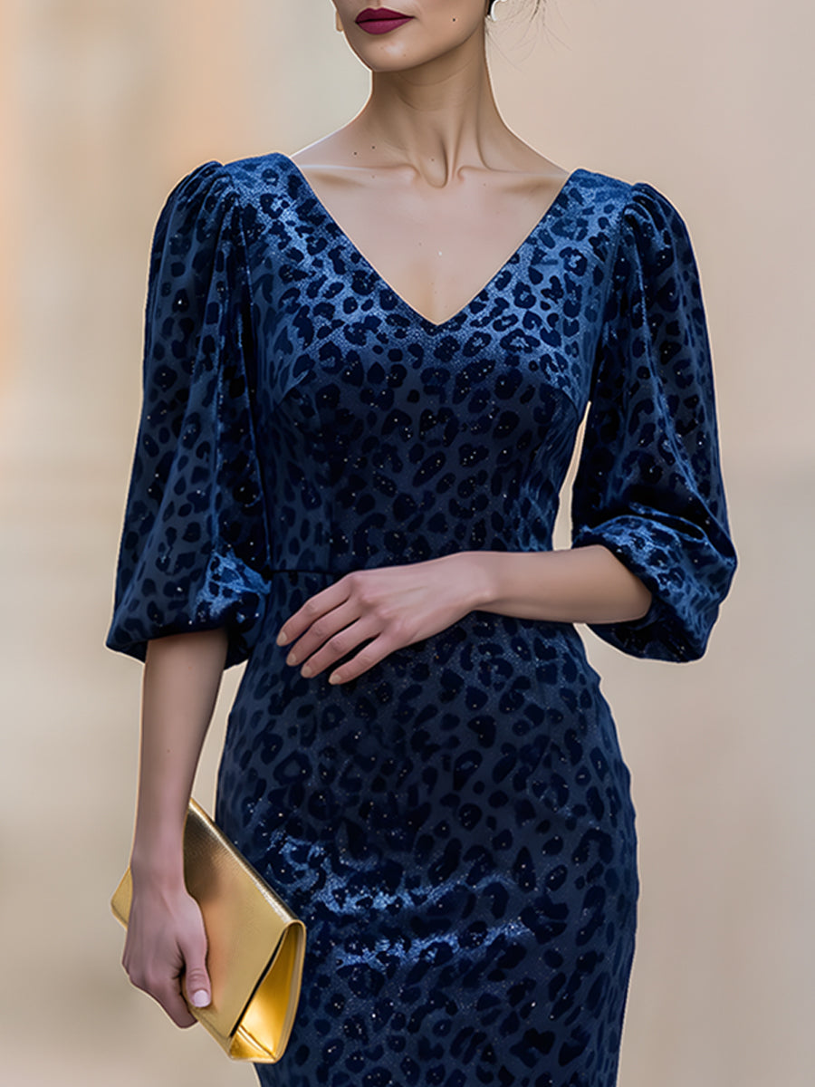Elegant Velvet Leopard Jacquard Midi Dress