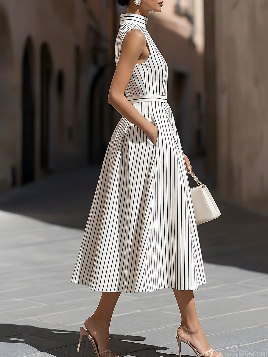 Elegant Pinstripe High Neck Sleeveless Fit & Flare Midi Dress