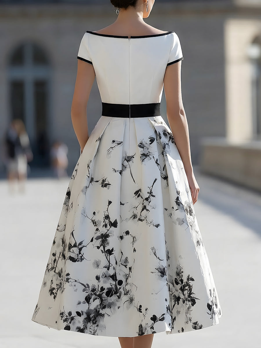 Elegant White Black Ink Floral Print Boat Neck Flared Midi Dress