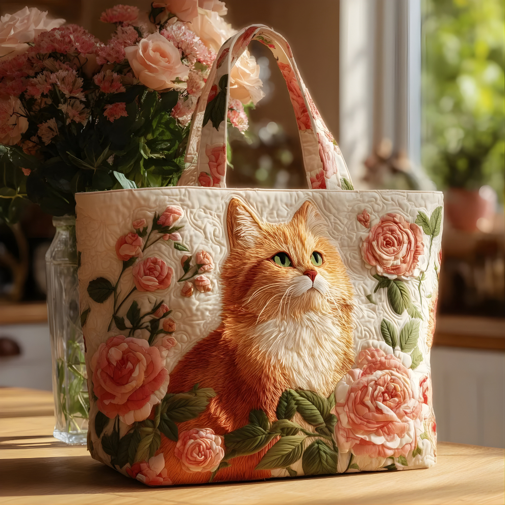 Elegant Ginger Cat & Rose Garden | Handmade Quilted Tote