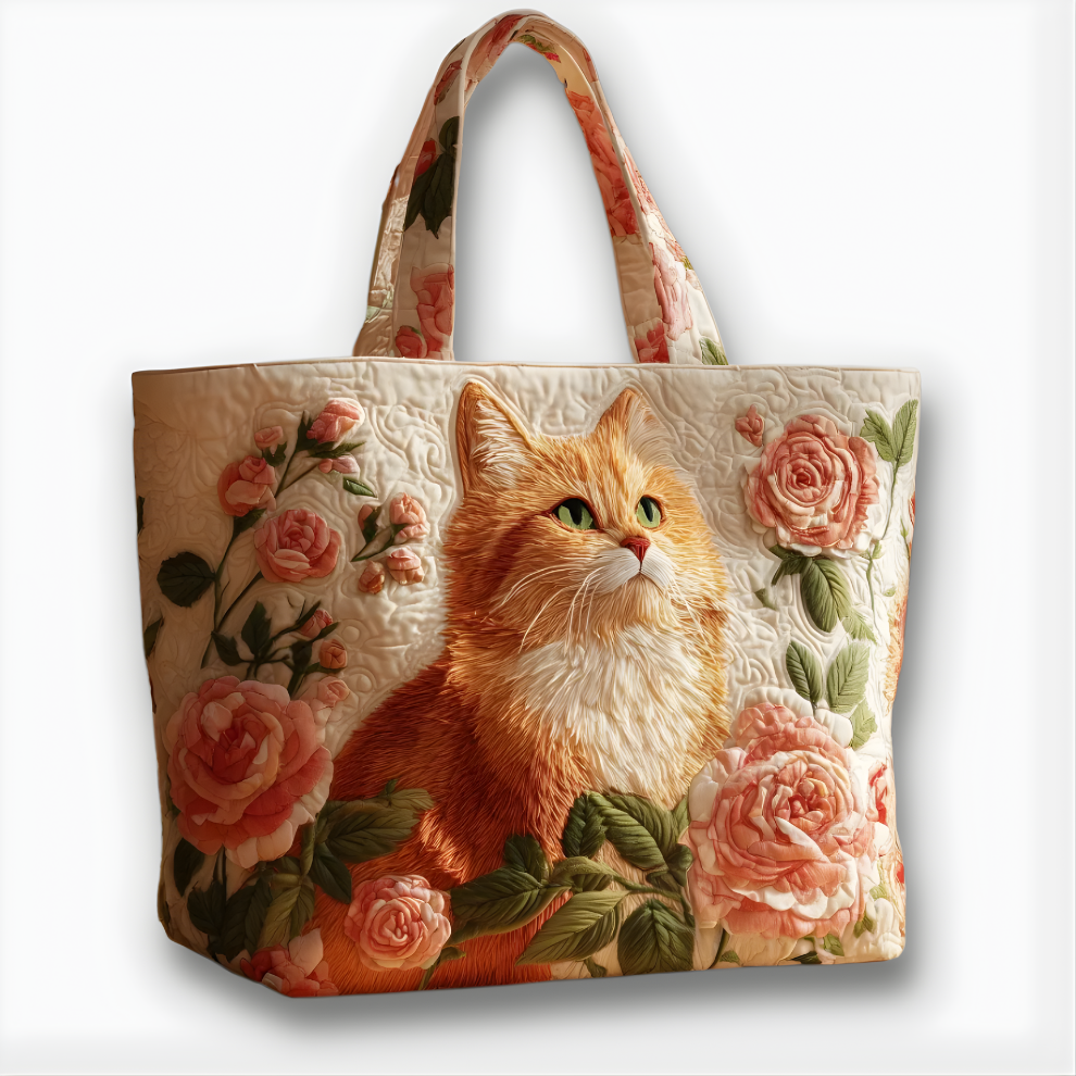 Elegant Ginger Cat & Rose Garden | Handmade Quilted Tote