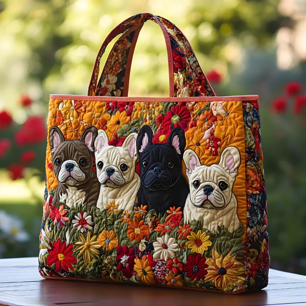 Floral French Bulldog Family Garden | Handmade Quilted Tote