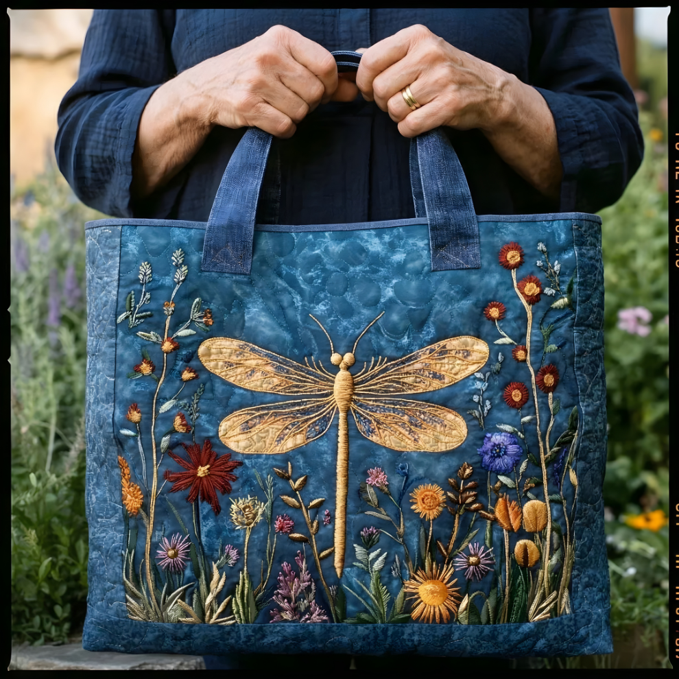 Golden Dragonfly Wildflower Garden | Handmade Quilted Tote