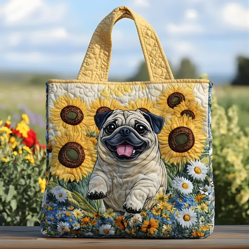 Happy Pug & Sunflower Garden | Handmade Quilted Tote