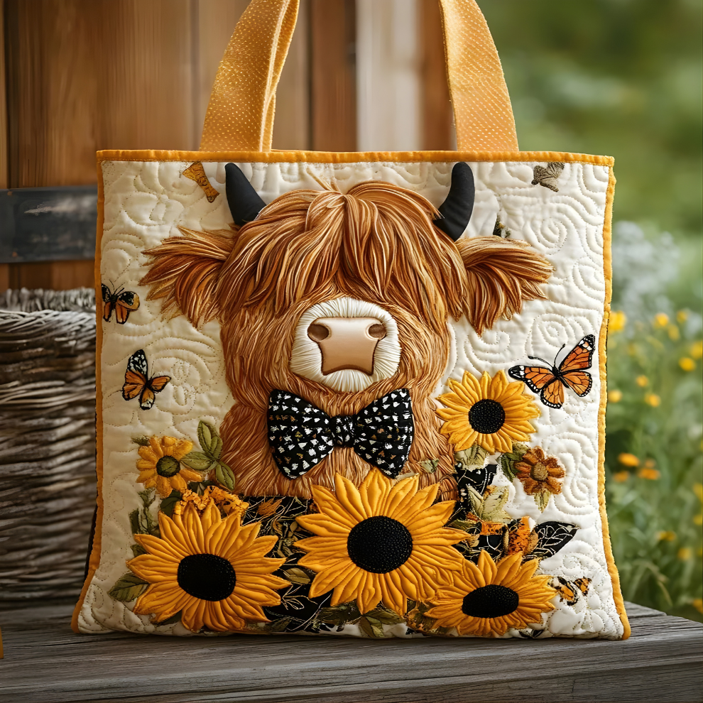 Highland Cow Sunflower Charm | Handmade Quilted Tote