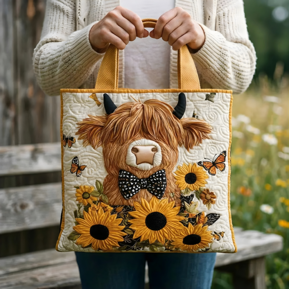 Highland Cow Sunflower Charm | Handmade Quilted Tote