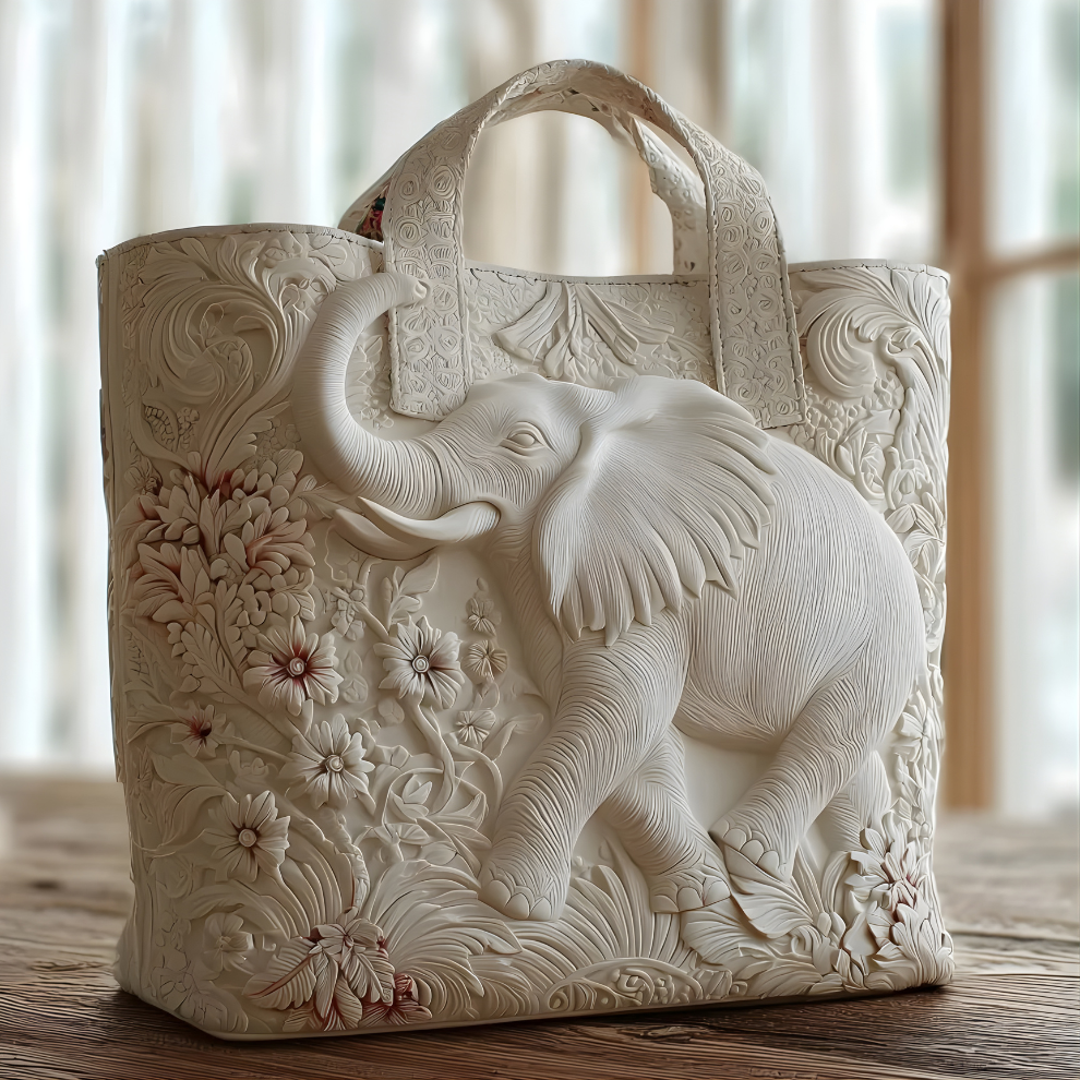 Ivory Elephant Elegance | Handmade Quilted Tote