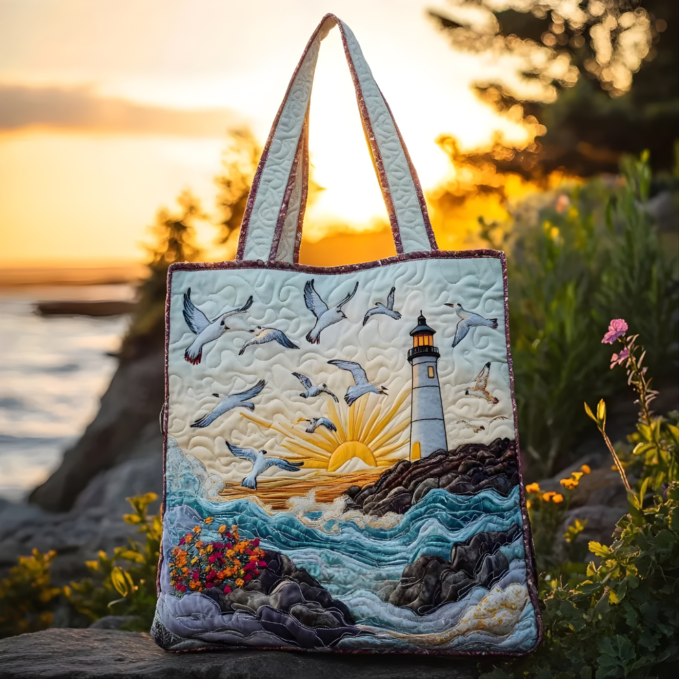 Lighthouse Sunset & Seagulls | Handmade Quilted Tote