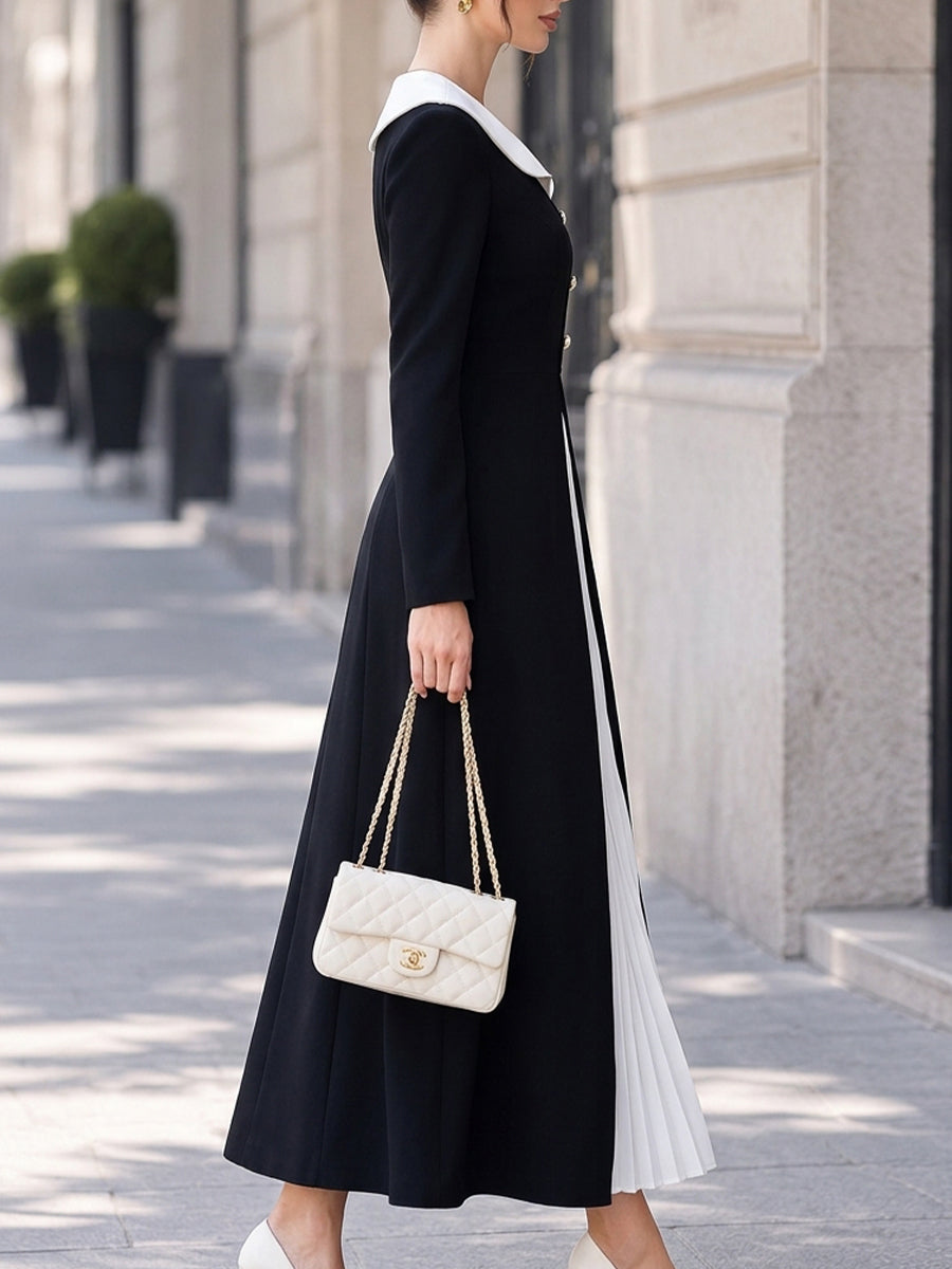 Contrast Sailor Collar Pleated-Panel Maxi Dress
