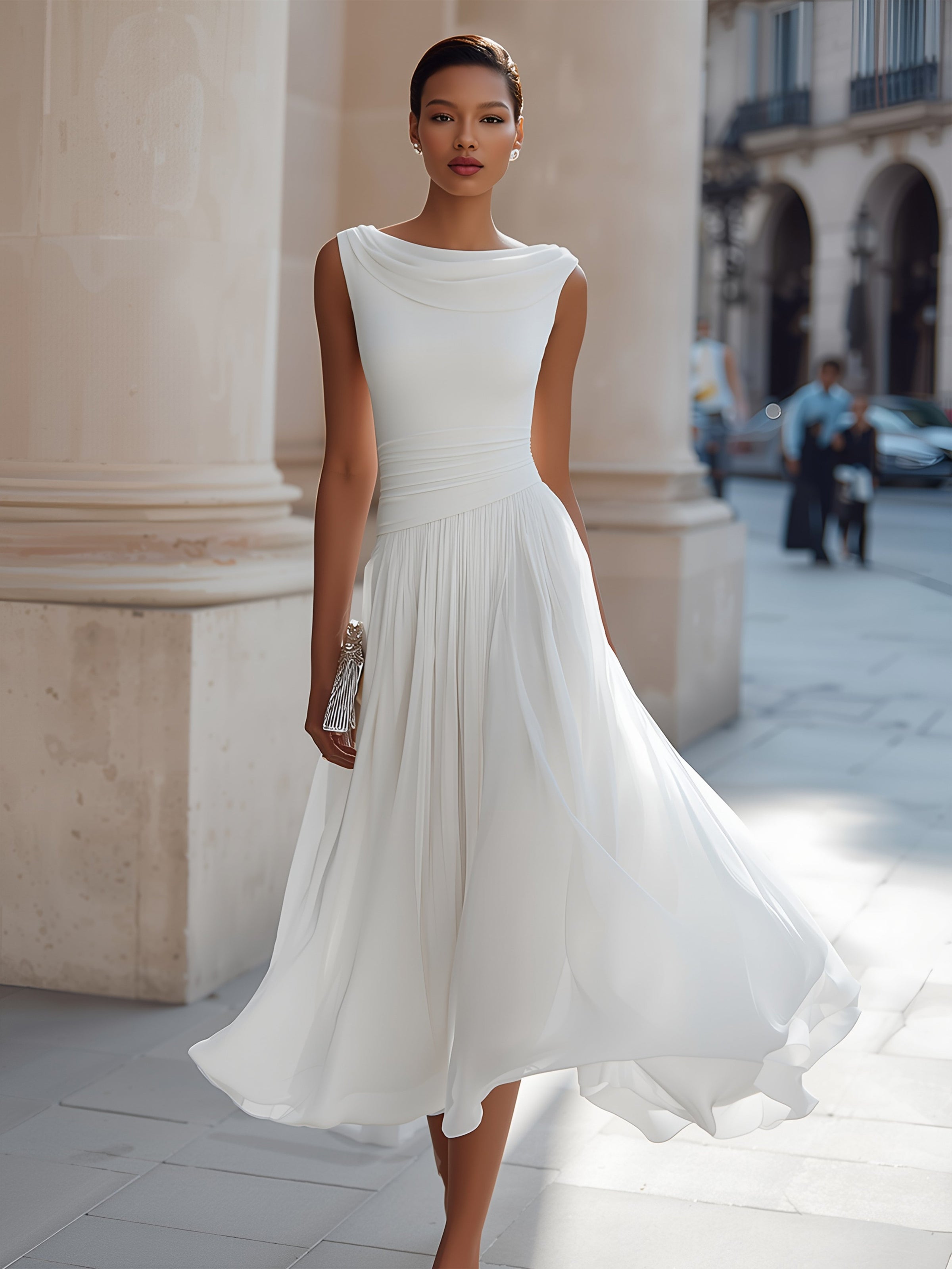 Draped Neck Sleeveless Pleated Midi Dress