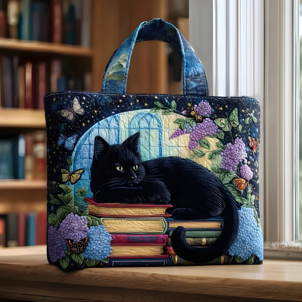 Midnight Black Cat & Book Garden | Handmade Quilted Tote