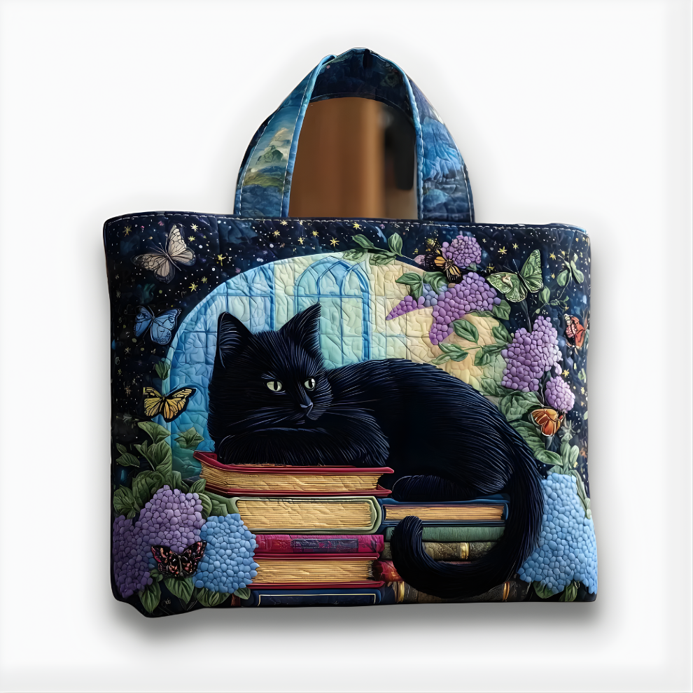 Midnight Black Cat & Book Garden | Handmade Quilted Tote