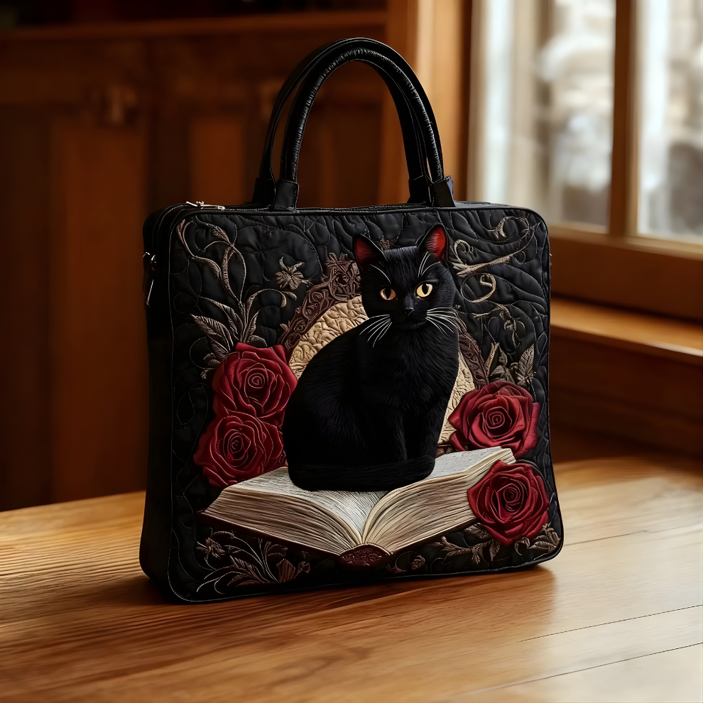 Midnight Rose Book Cat | Handmade Quilted Tote