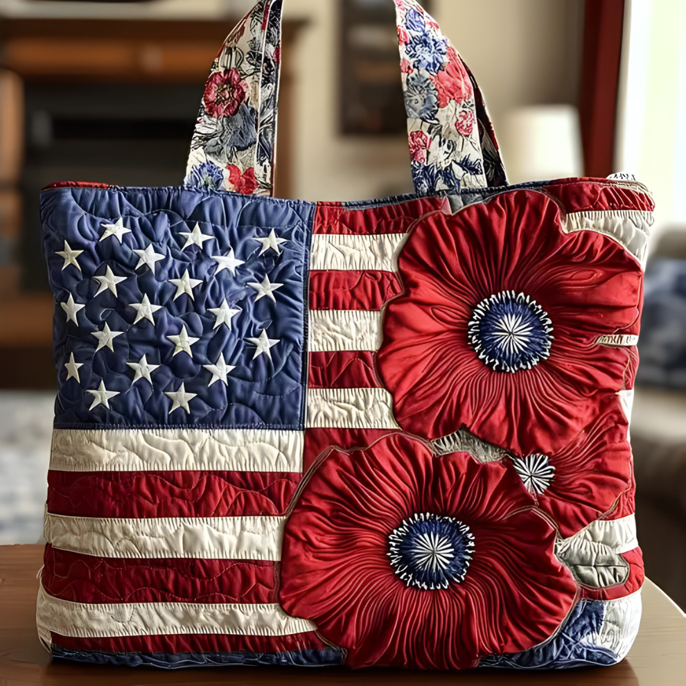 Patriotic Flag & Red Poppy Bloom | Handmade Quilted Tote