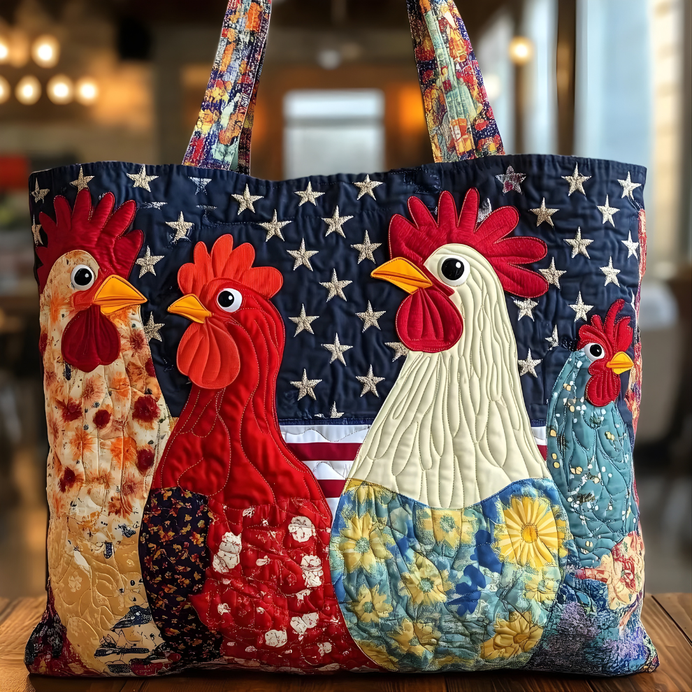 Patriotic Rooster Parade | Handmade Quilted Tote