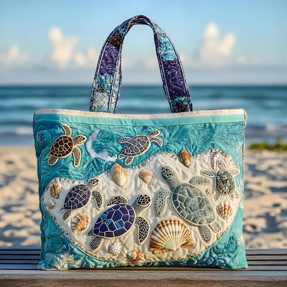Sea Turtle Beach Scene | Handmade Quilted Tote