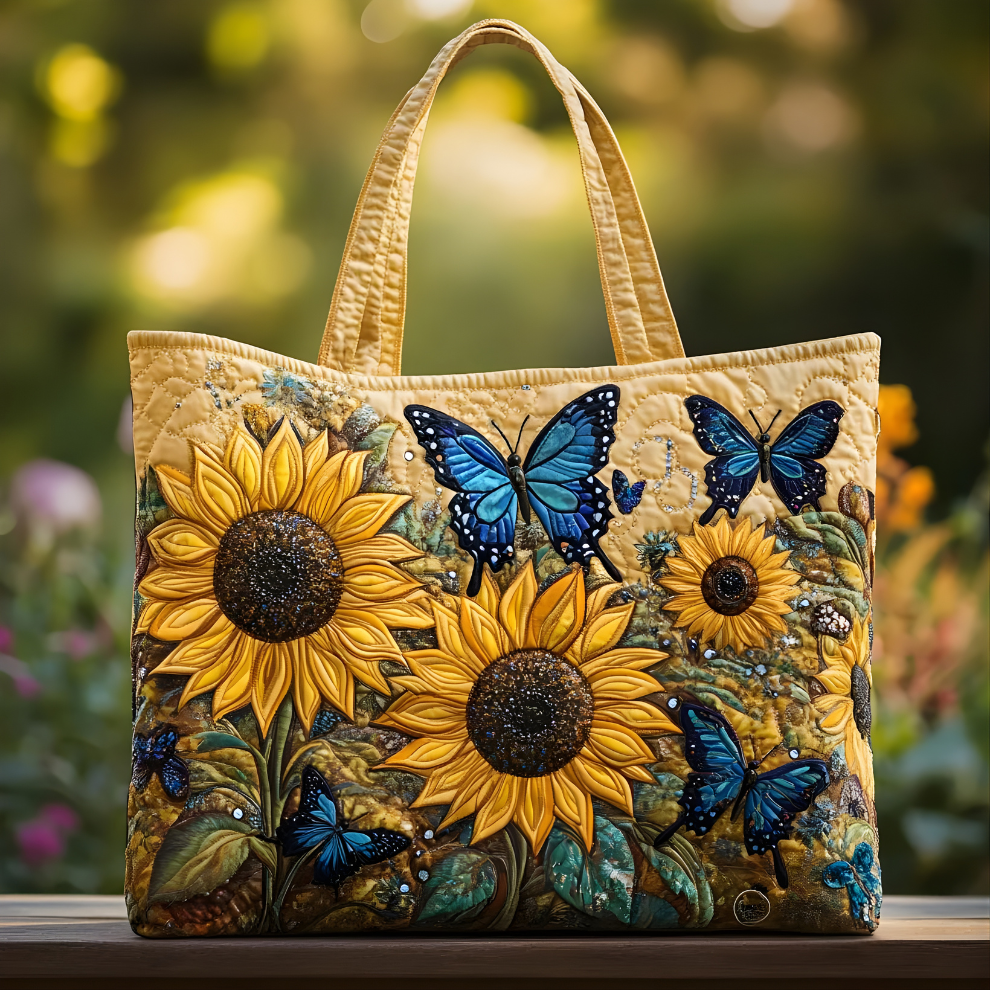 Sunflower & Blue Butterfly Garden | Handmade Quilted Tote