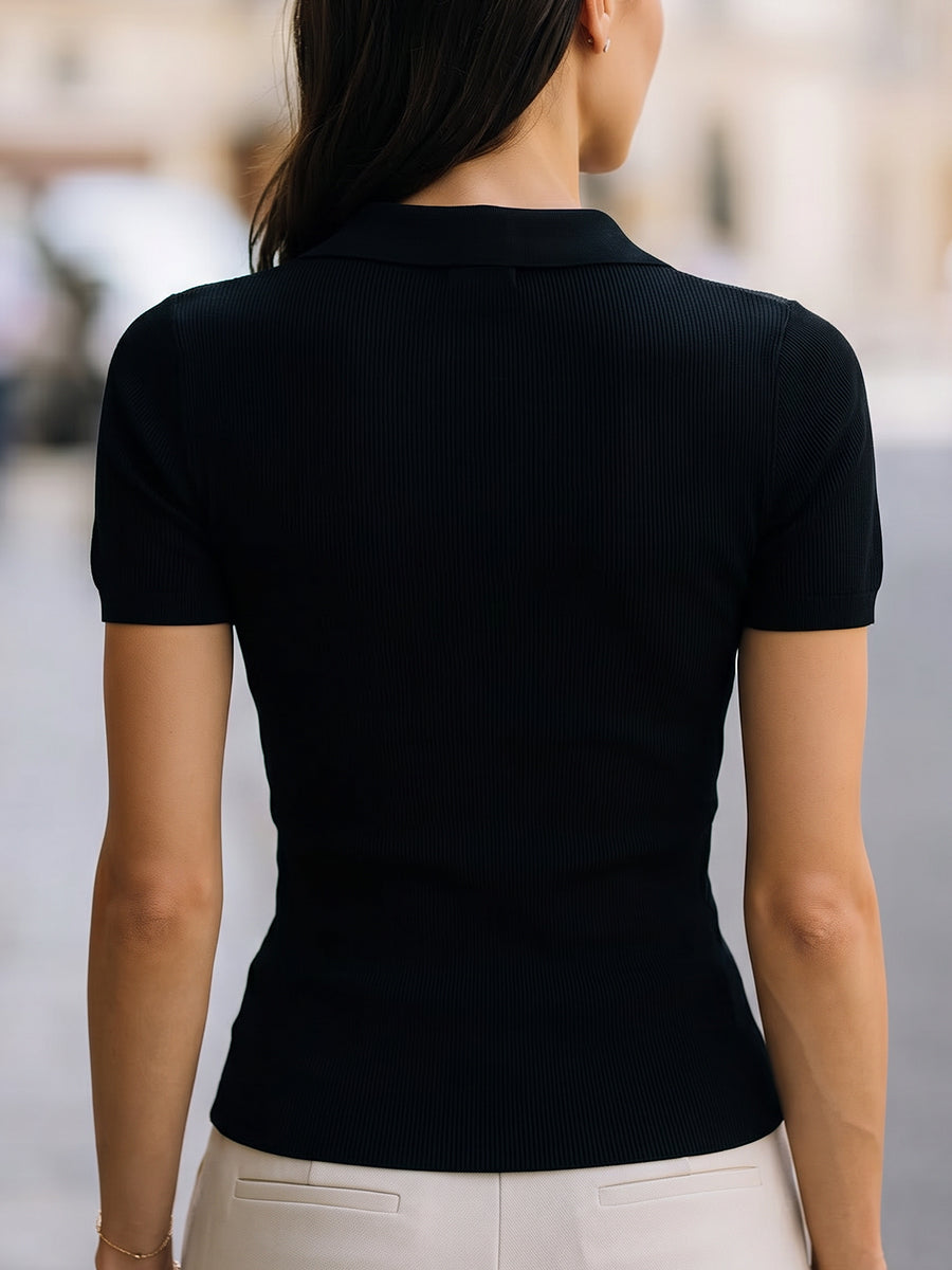 Mesh Panel Polo Neck Ribbed Knit Top With White Pearl Buttons