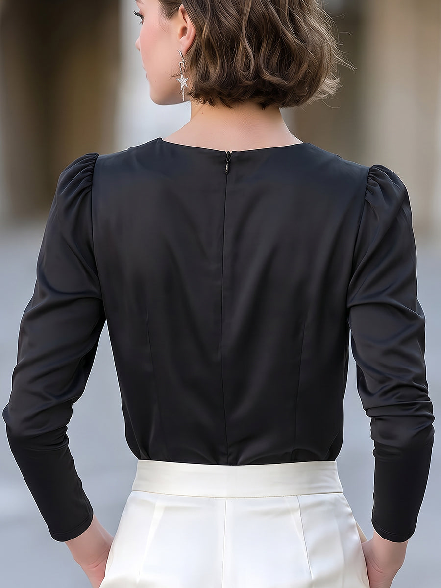Draped Collar Long-Sleeve Blouse