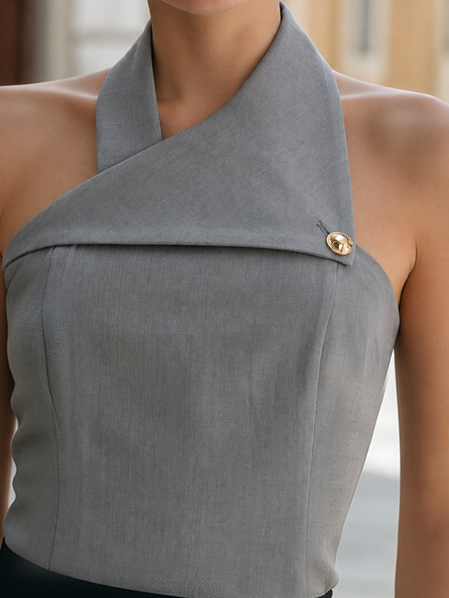 Halter Neck Gold Button Sleeveless Top
