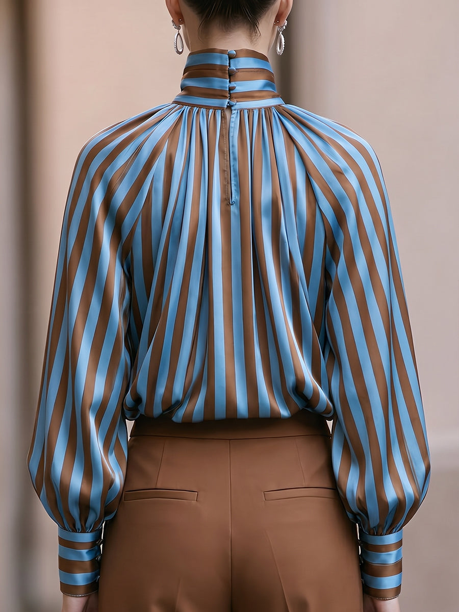 Striped High Neck Pleated Blouse with Balloon Sleeves