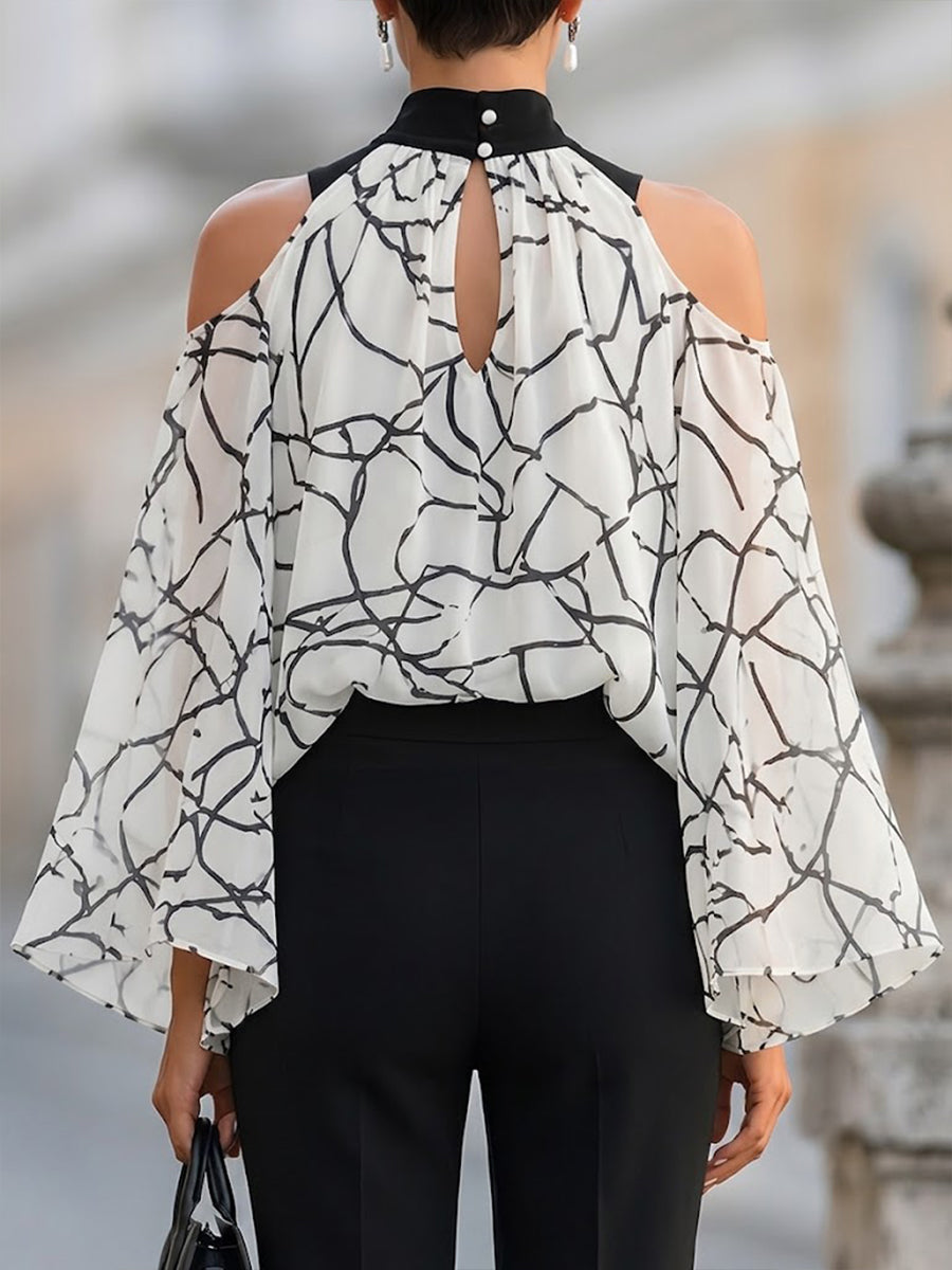 Elegant Black And White Printed Cold Shoulder Blouse