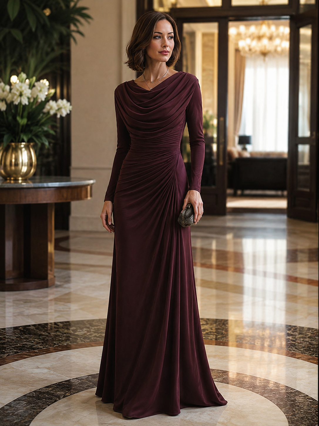 Draped Cowl Neck Ruched Maxi Dress