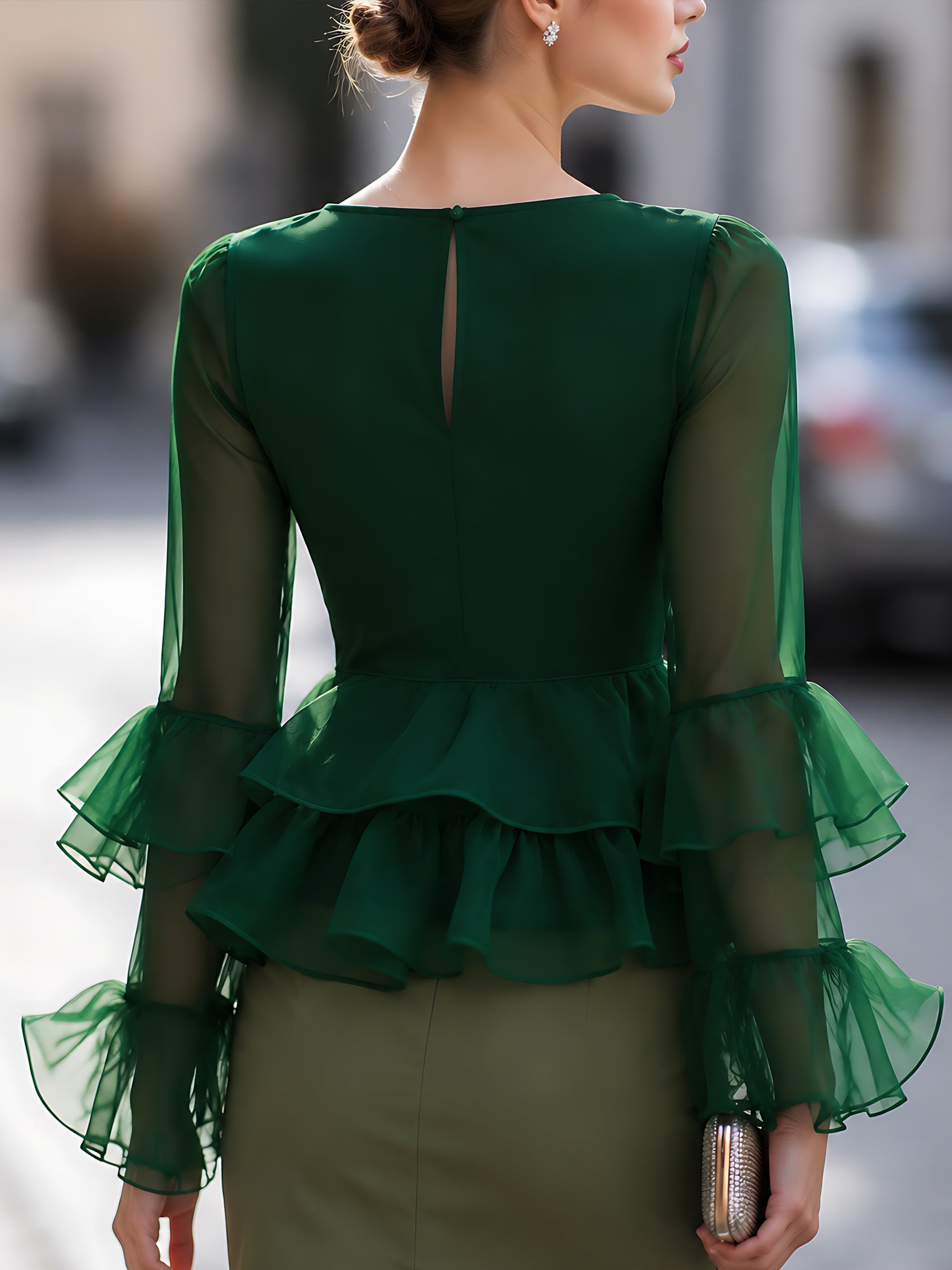 Organza Ruffle-Sleeve Peplum Top