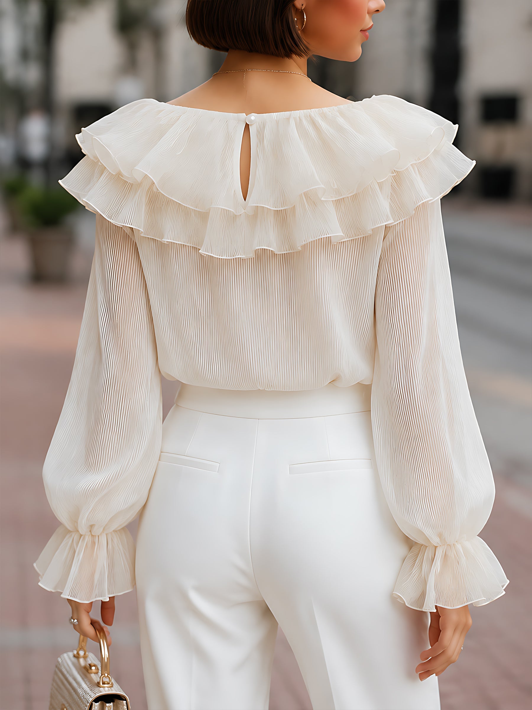 Chiffon Ruffle-Collar Sleeve-Cuff Blouse