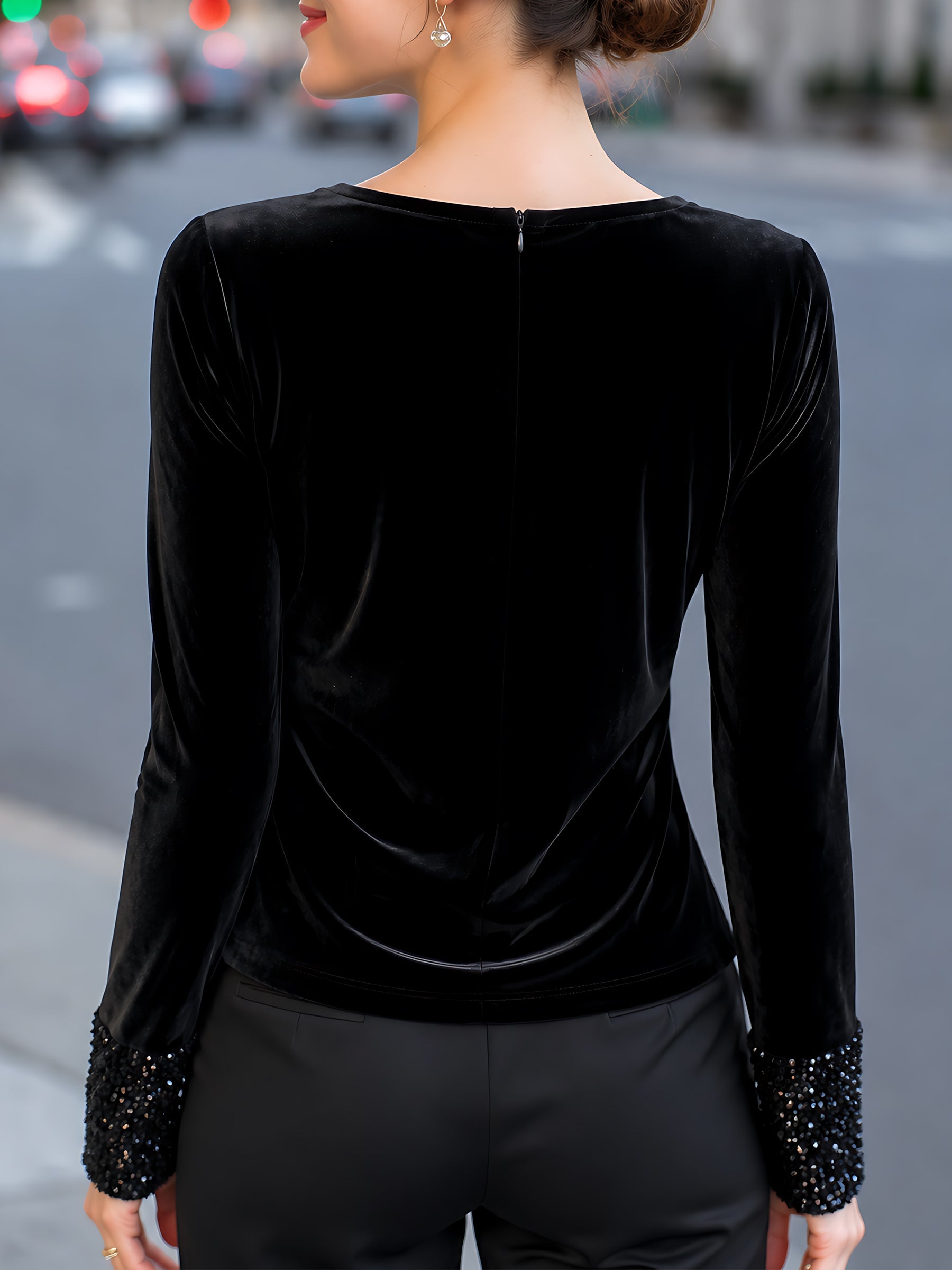 Velvet Cowl-Neck Sequin-Cuff Top