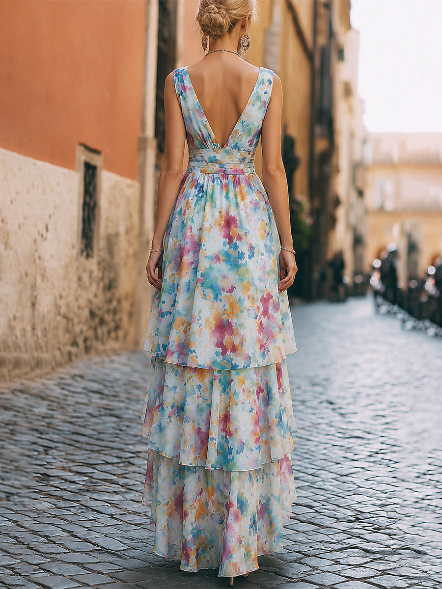 Elegant Watercolor Print High-Low Chiffon Maxi Dress